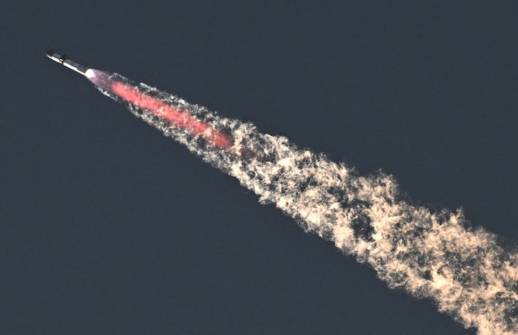 TOPSHOT - SpaceX's Starship rocket launches from Starbase during its second test flight in Boca Chic...