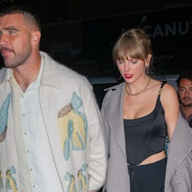 NEW YORK, NY - OCTOBER 15: Travis Kelce and Taylor Swift are seen leaving the SNL after party on Oct...