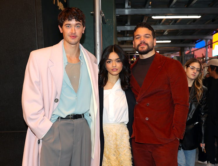 Tom Blyth, Rachel Zegler and Josh Andres Rivera are seen at a promotional event for "Hunger Games: T...