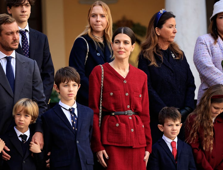 Pierre Casiraghi (L), Charlotte Casiraghi (C) and her sons Raphael Elmaleh (3rd L) and Balthazar Ras...