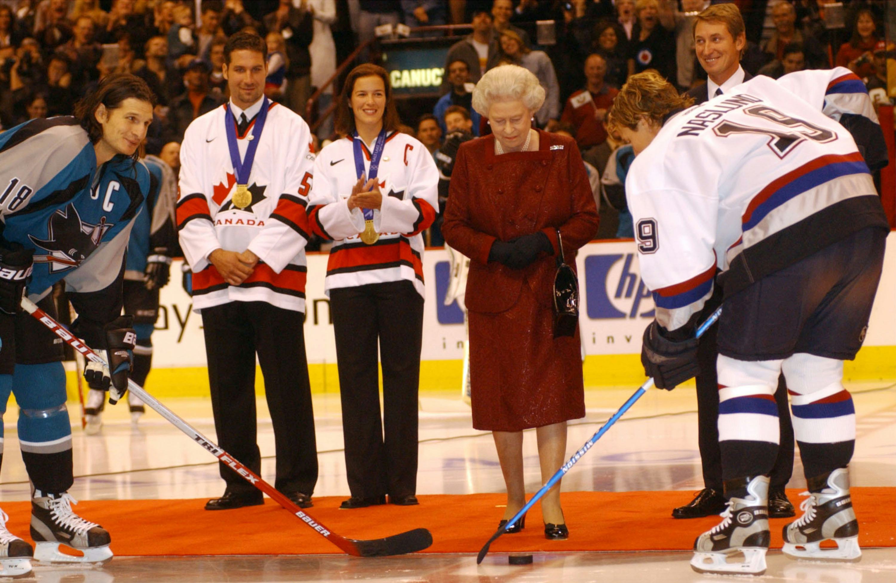 Queen Elizabeth at a hockey game in Vancouver in 2002.
