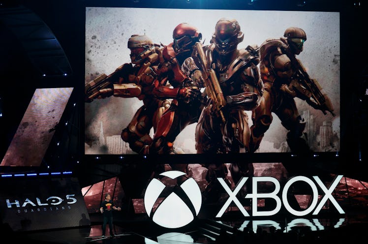 Josh Holmes, executive producer at 343 Industries, demonstrates the Halo 5 video game during a Micro...