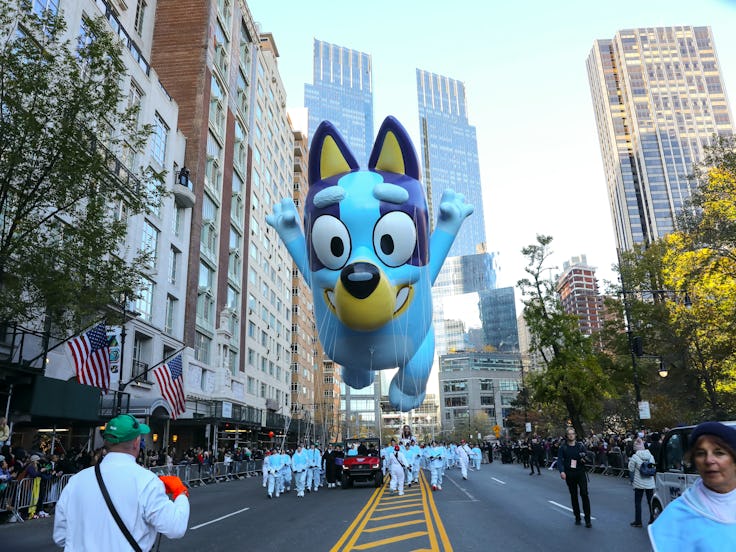 NEW YORK, NY - NOVEMBER 24: Bluey by BBC balloon is seen during the 2022 Macy's Thanksgiving Day Par...