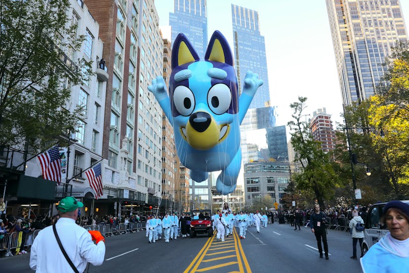 NEW YORK, NY - NOVEMBER 24: Bluey by BBC balloon is seen during the 2022 Macy's Thanksgiving Day Par...