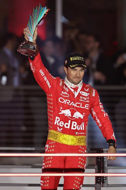 LAS VEGAS, NEVADA - NOVEMBER 18: Sergio Perez of Mexico and Oracle Red Bull Racing celebrates his th...