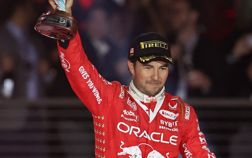 LAS VEGAS, NEVADA - NOVEMBER 18: Sergio Perez of Mexico and Oracle Red Bull Racing celebrates his th...
