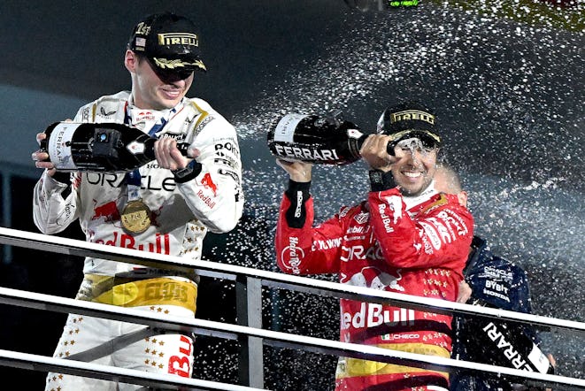 Las Vegas, NV - November 19: Race winner Max Verstappen, left, and third place finisher Sergio Perez...