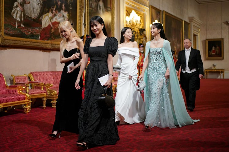 Members of South Korean girl band Blackpink  arrive for a State Banquet at Buckingham Palace in cent...