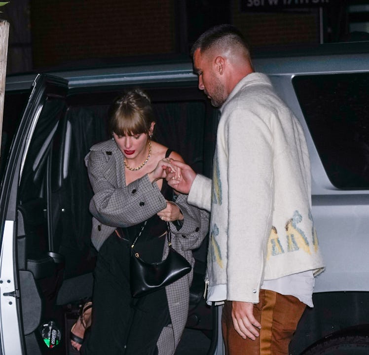 NEW YORK, NEW YORK - OCTOBER 15: Travis Kelce and Taylor Swift arrive at SNL Afterparty on October 1...
