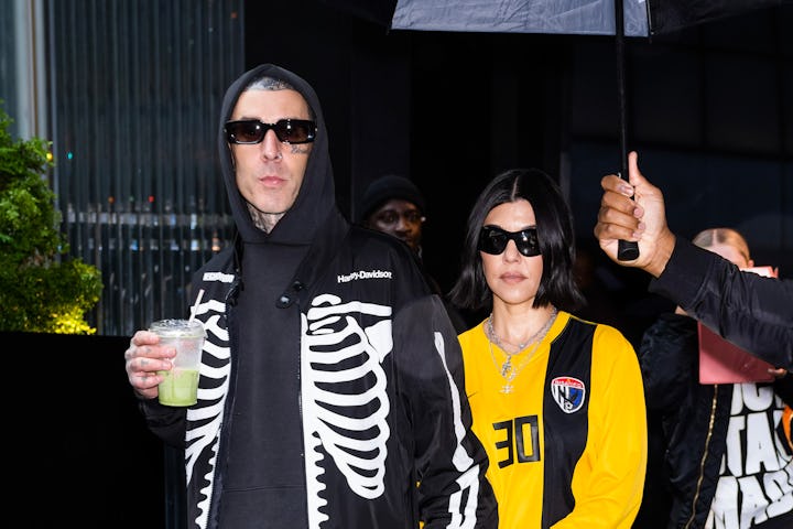 NEW YORK, NEW YORK - MAY 20: Travis Barker (L) and Kourtney Kardashian are seen in Midtown on May 20...