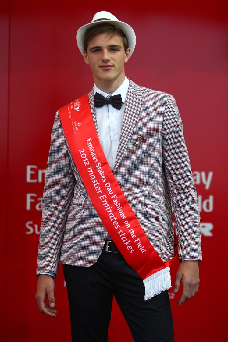 Senior mens Fashions on the Field winner Jacob Elordi poses for a photo during Emirates Stakes Day a...