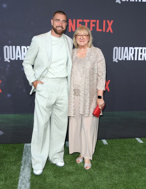 HOLLYWOOD, CALIFORNIA - JULY 11: Travis Kelce, Donna Kelce arrives at the Los Angeles Premiere Of Ne...