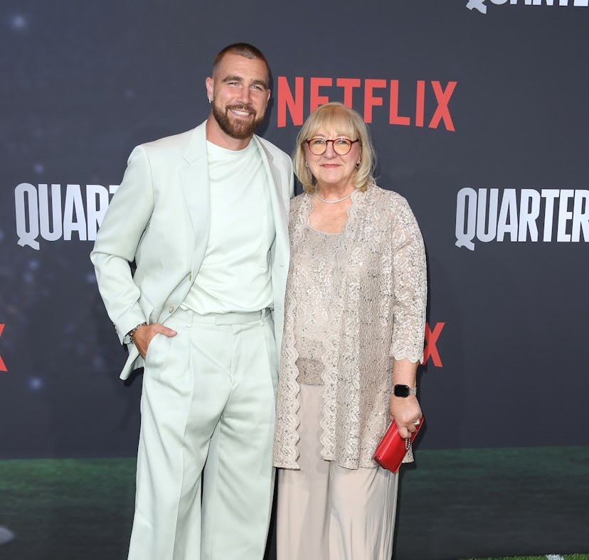 HOLLYWOOD, CALIFORNIA - JULY 11: Travis Kelce, Donna Kelce arrives at the Los Angeles Premiere Of Ne...