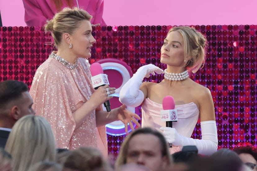 LONDON, ENGLAND - JULY 12: Greta Gerwig and Margot Robbie attends the "Barbie" European Premiere at ...