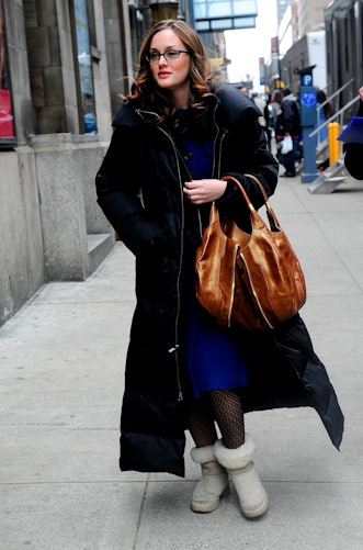 NEW YORK - MARCH 10:  Actress Leighton Meester walks to her trailer on the "Gossip Girl" set on Marc...