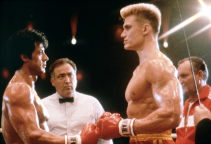 Swedish actor Dolph Lundgren with American actor, director and screenwriter Sylvester Stallone on th...