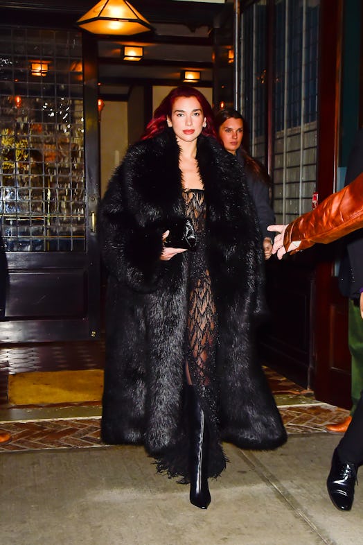 Dua Lipa wore a totally see-through black dress with a glamorous fur coat to a private 'Barbie' scre...