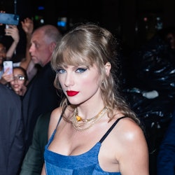 Taylor Swift red lipstick denim dress VMAs afterparty