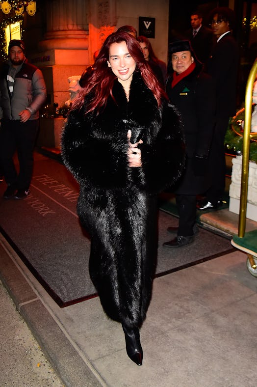 Dua Lipa wore a totally see-through black dress with a glamorous fur coat to a private 'Barbie' scre...