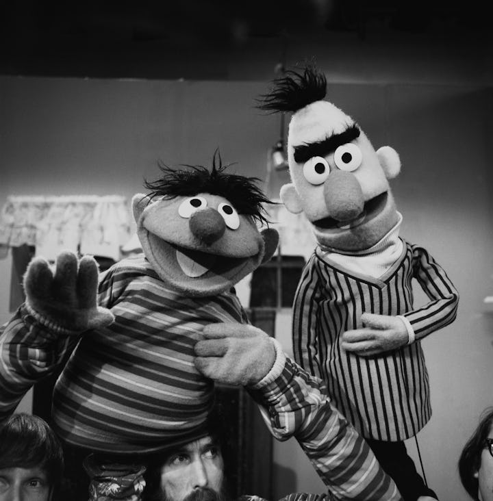 NEW YORK - 1970:  Puppeteers (L-R: Daniel Seagren holding and Jim Henson working Ernie and Frank Oz ...