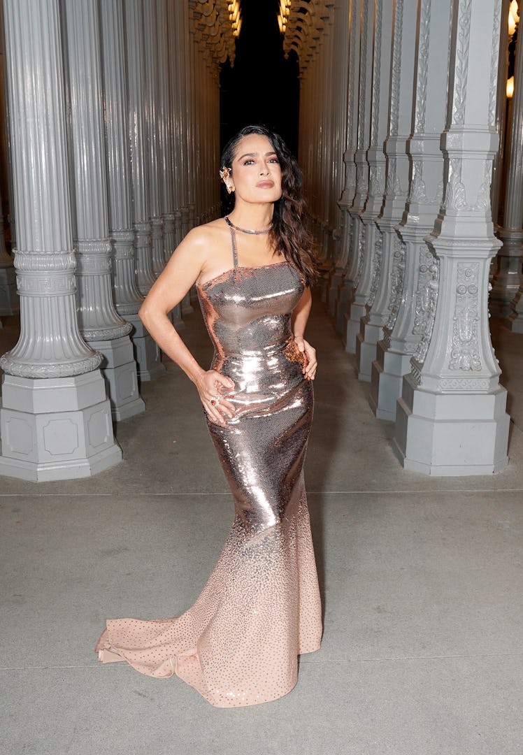 LOS ANGELES, CALIFORNIA - NOVEMBER 04: Salma Hayek, wearing Gucci, attends the 2023 LACMA Art+Film G...