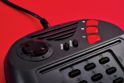 Detail of a vintage 1990s Atari Jaguar home video game console controller, taken on June 11, 2018. (...