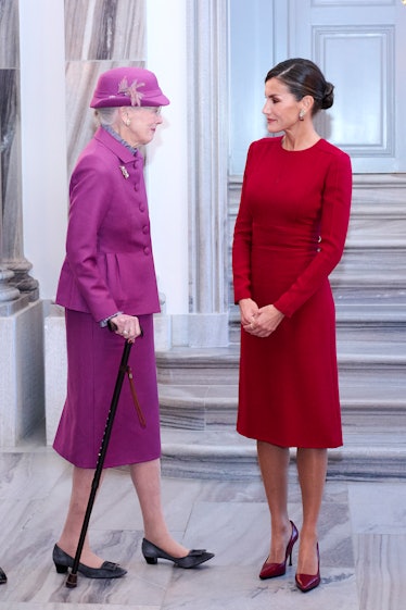 Queen Margrethe of Denmark (L) and Queen Letizia of Spain (R) arrive at the Amalienborg Palace on  N...