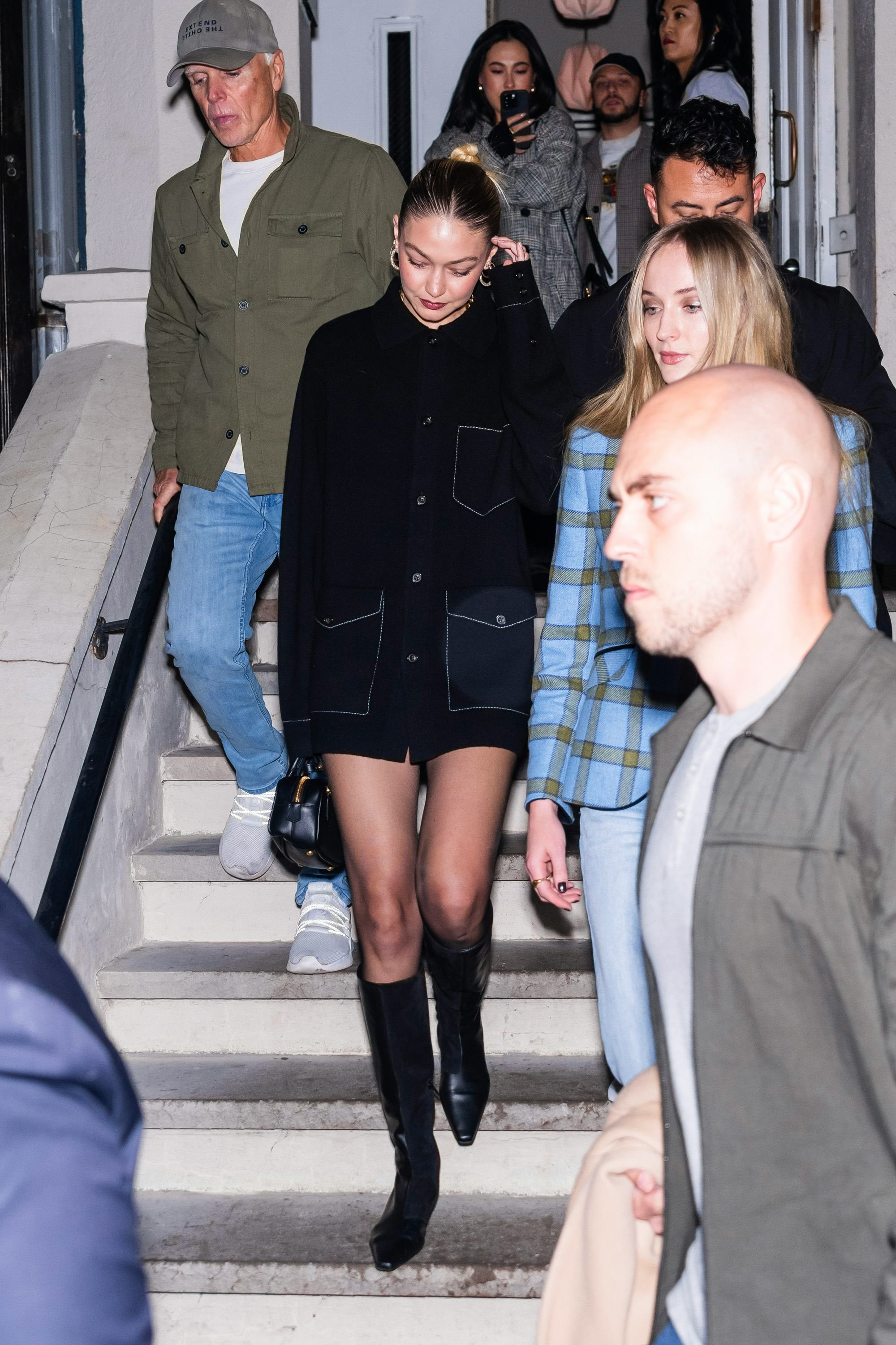 gigi hadid wears a button-up as a dress while out with taylor swift and selena gomez