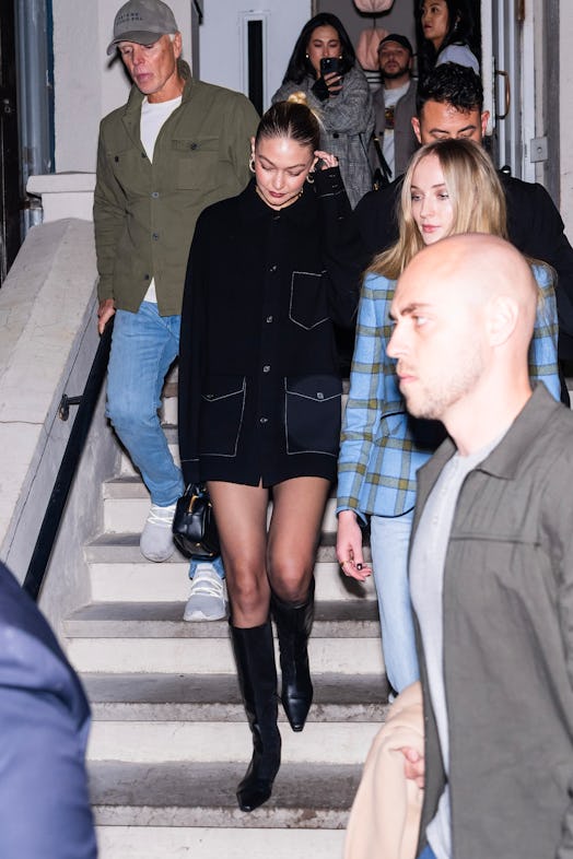 gigi hadid wears a button-up as a dress while out with taylor swift and selena gomez