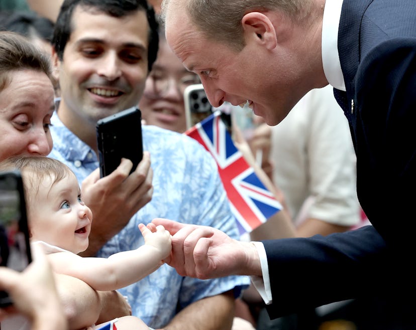 Prince William, Prince of Wales holds the hand of a baby during a royal visit to Singapore.