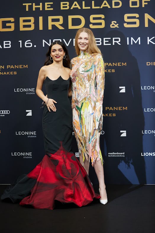 Actresses Rachel Zegler (l) and Hunter Schafer attend the European premiere of "The Tributes of Pane...