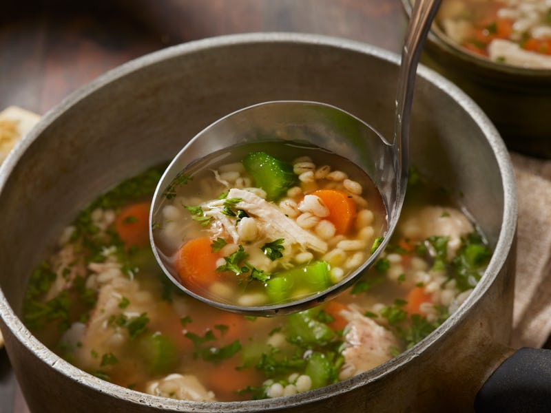 Chicken and Barley, Vegetable Soup with Onions, Carrots, Celery and Saltine Crackers