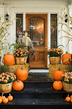 A photo of a house decorated for Halloween