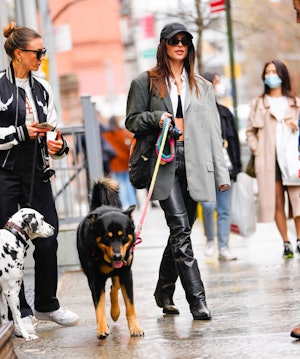 Emily Ratajkowski walks her dog in New York City.