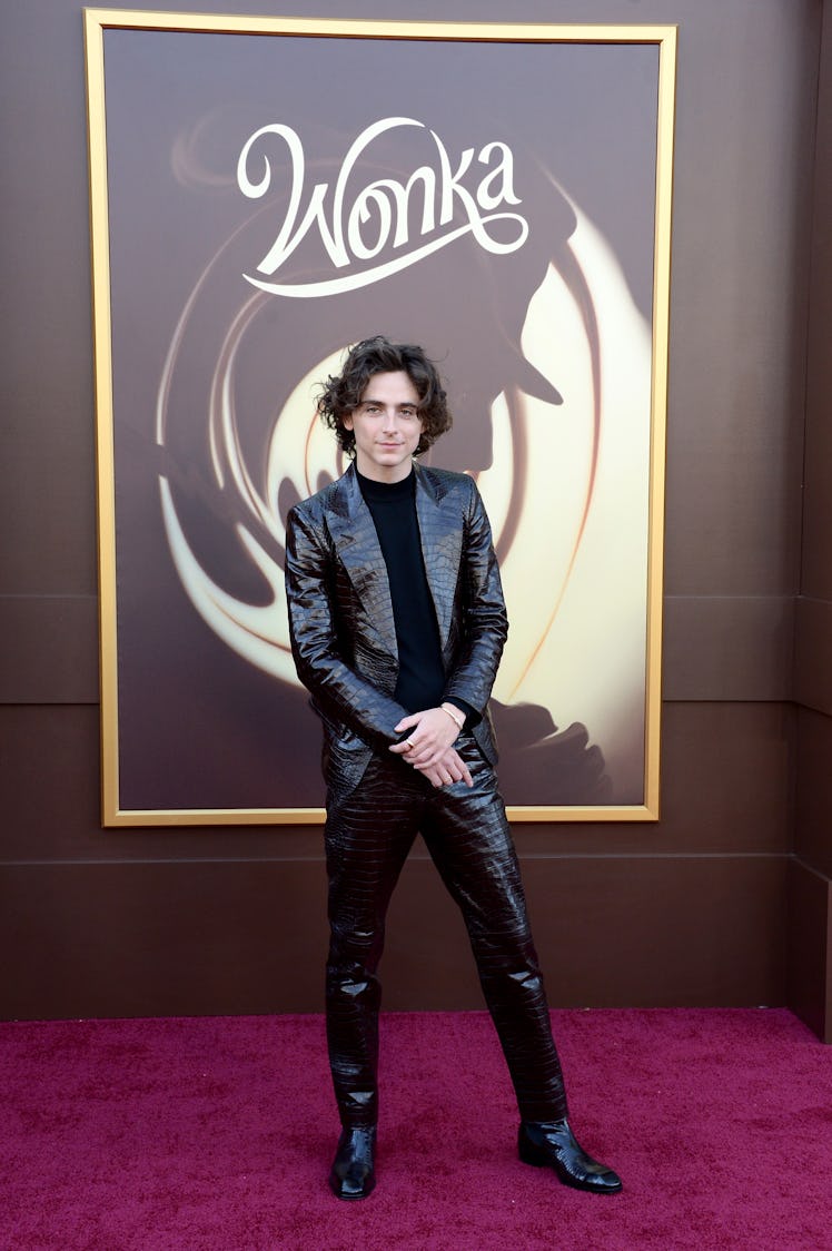 Timothée Chalamet attends Los Angeles Premiere Of Warner Bros. "Wonka" at Regency Village Theatre on...