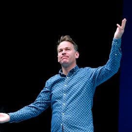 NEW YORK, NEW YORK - NOVEMBER 13: Mike Birbiglia is seen on stage during the curtain call for "The O...