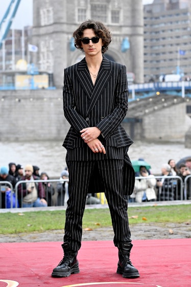 Timothée Chalamet attends the "Wonka" Photocall at Potters Field on November 27, 2023 in London, Eng...