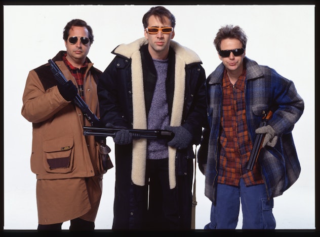 The cast of Trapped in Paradise (Jon Lovitz, Nic Cage and Dana Carvey) pose in costume on set in Tor...