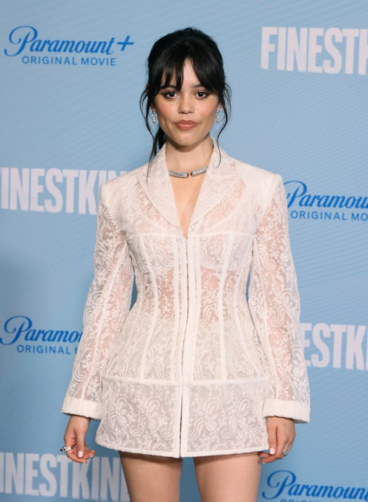 Jenna Ortega wears a sheer blazer dress to attend the Los Angeles Premiere of Paramount+'s "Finestki...