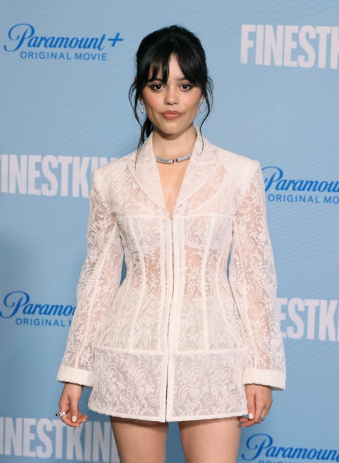 Jenna Ortega wears a sheer white blazer dress to attend the Los Angeles Premiere of Paramount+'s "Fi...
