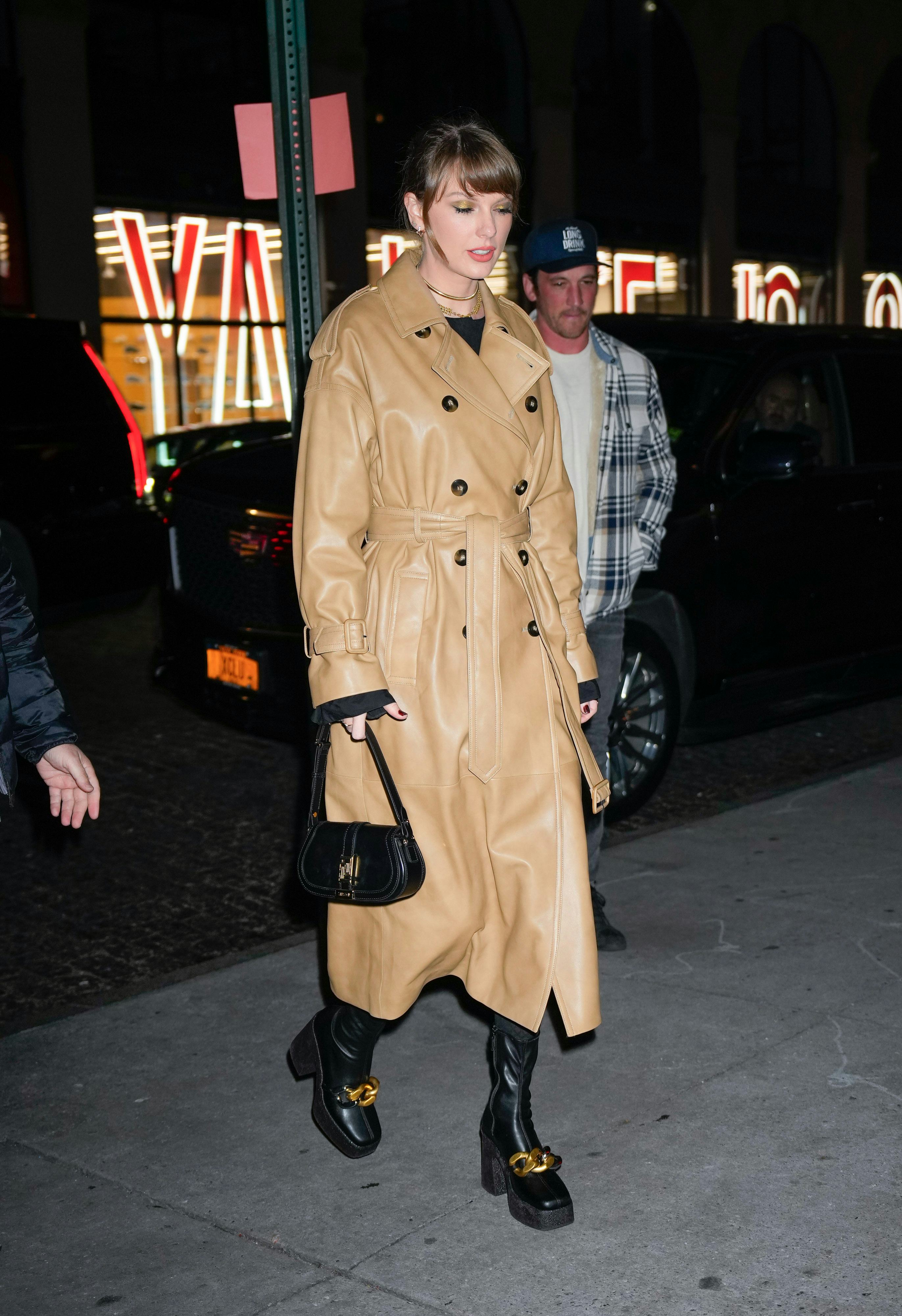 Taylor Swift wore a leather trench coat for her first birthday celebration in New York