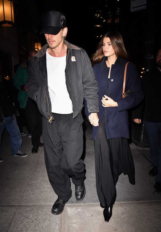 Austin Butler and Kaia Gerber arrive to the Polo Bar on December 13, 2023 in New York City.