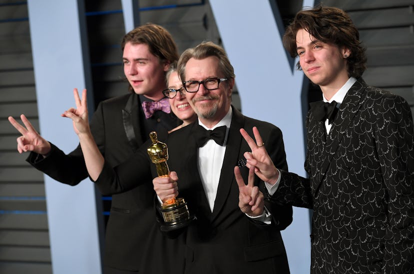 Gary Oldman (second right) with wife Gisele Schmidt and sons Gulliver Oldman (right) and Charlie Old…