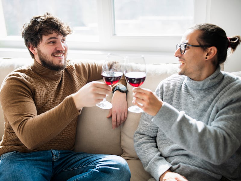 Happy gay couple enjoying a glass of wine at home.They are having fun with one another.