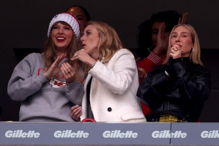 Taylor Swift, Brittany Mahomes, and Ashley Avignone cheer on the Kansas City Chiefs versus the New E...