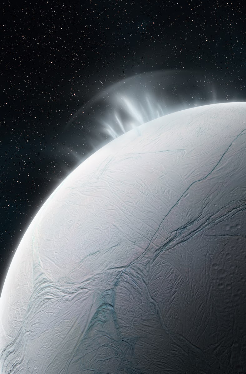 Illustration of vapour plumes erupting from the surface of Enceladus, Saturns sixth largest moon, cr...