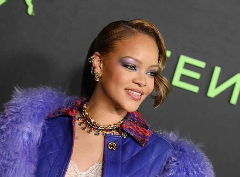 Rihanna Fenty X PUMA launch party purple feather jacket