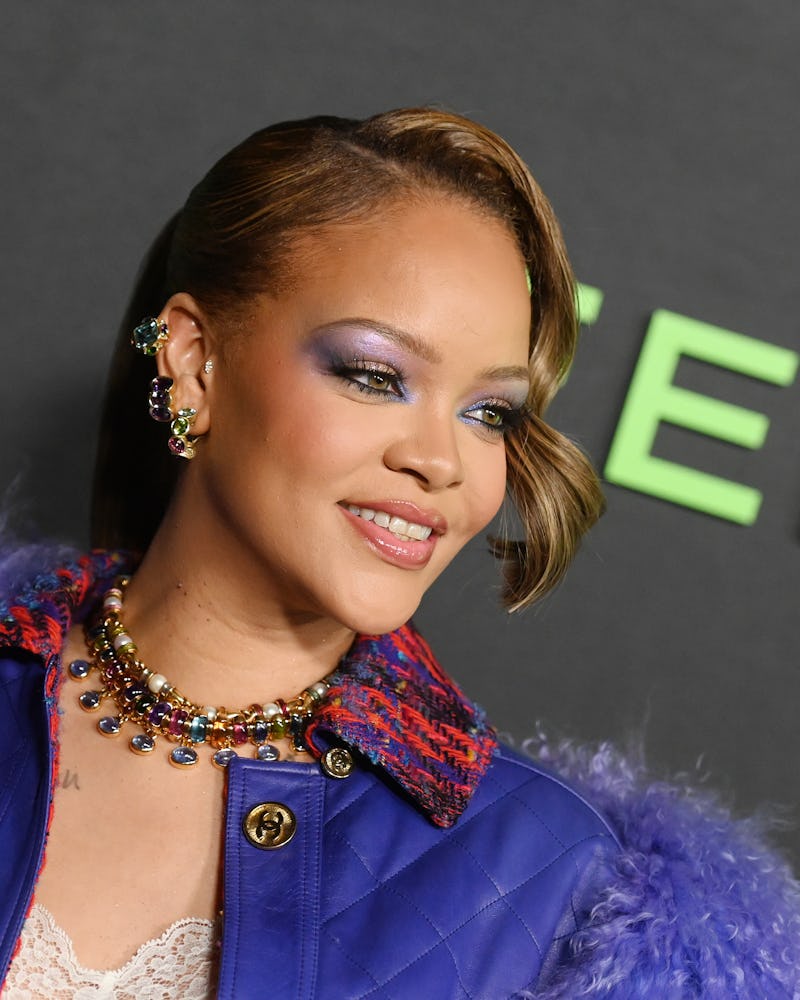 Rihanna Fenty X PUMA launch party purple feather jacket