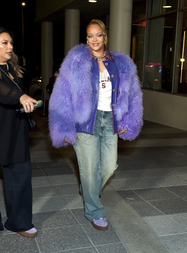Rihanna's Look Includes A Shearling Jacket & Bustier