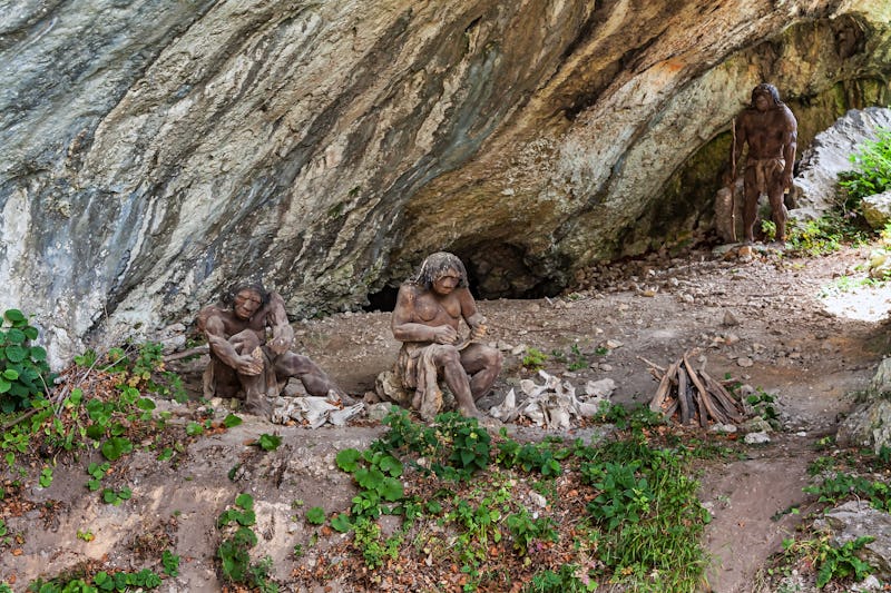 Ojcow, Poland - August 15th, 2020. Reconstruction of a Neanderthal camp by the Dark Cave (Jaskinia C...